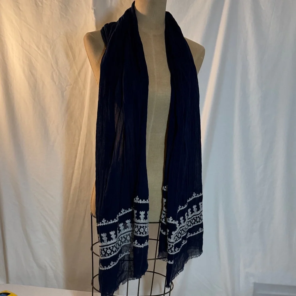 Navy Blue Embroidered cotton scarf.